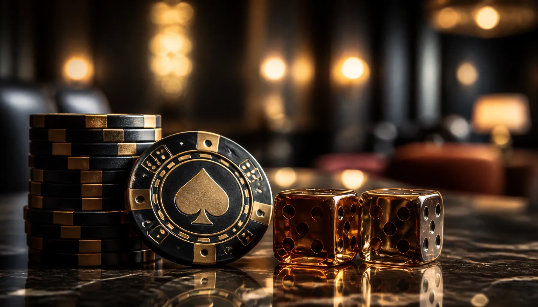 Close-up of gleaming gold casino chips stacked on deep green velvet with dramatic cinematic lighting