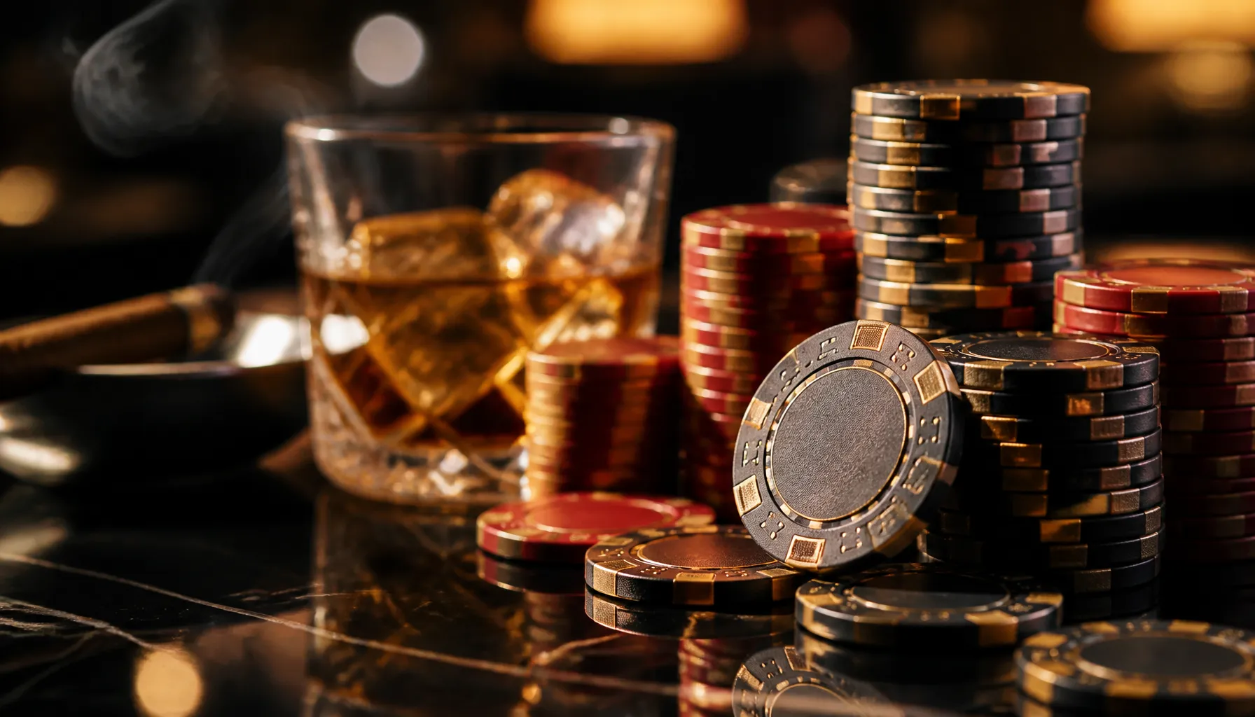 Close-up of gleaming gold casino chips stacked on deep green velvet with dramatic cinematic lighting