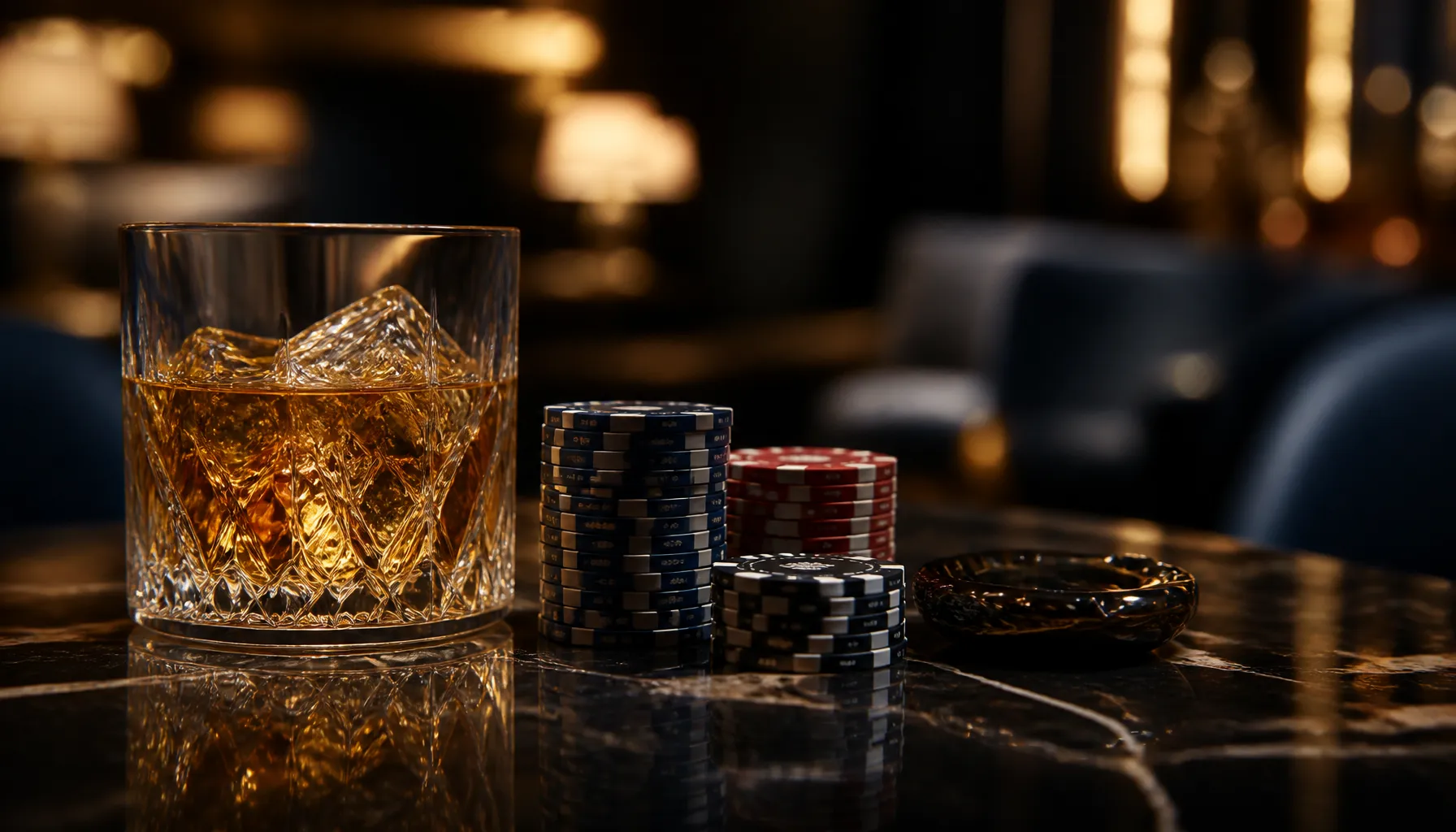 Close-up of gleaming gold casino chips stacked on deep green velvet with dramatic cinematic lighting