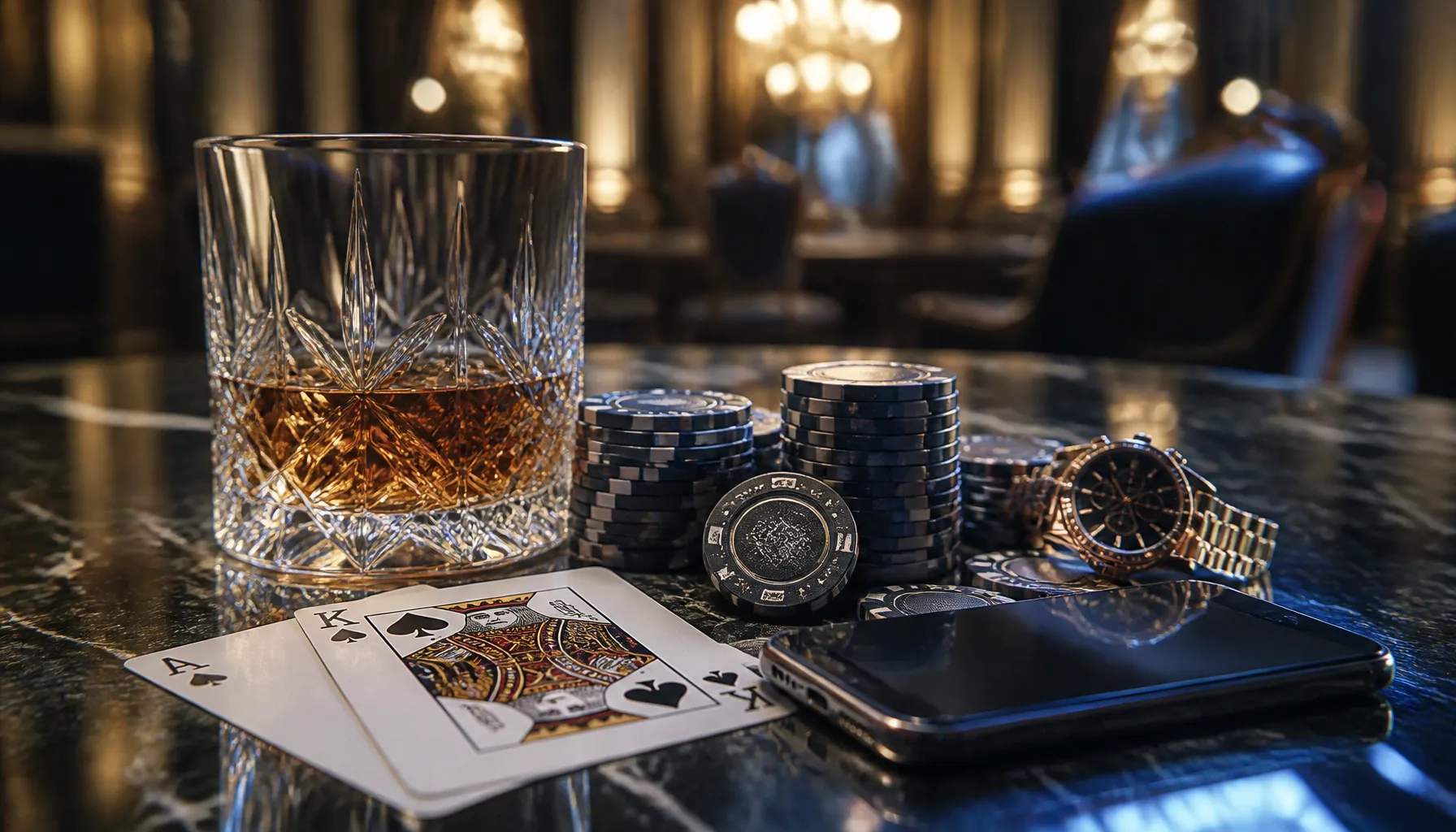 Close-up of gleaming gold casino chips stacked on deep green velvet with dramatic cinematic lighting