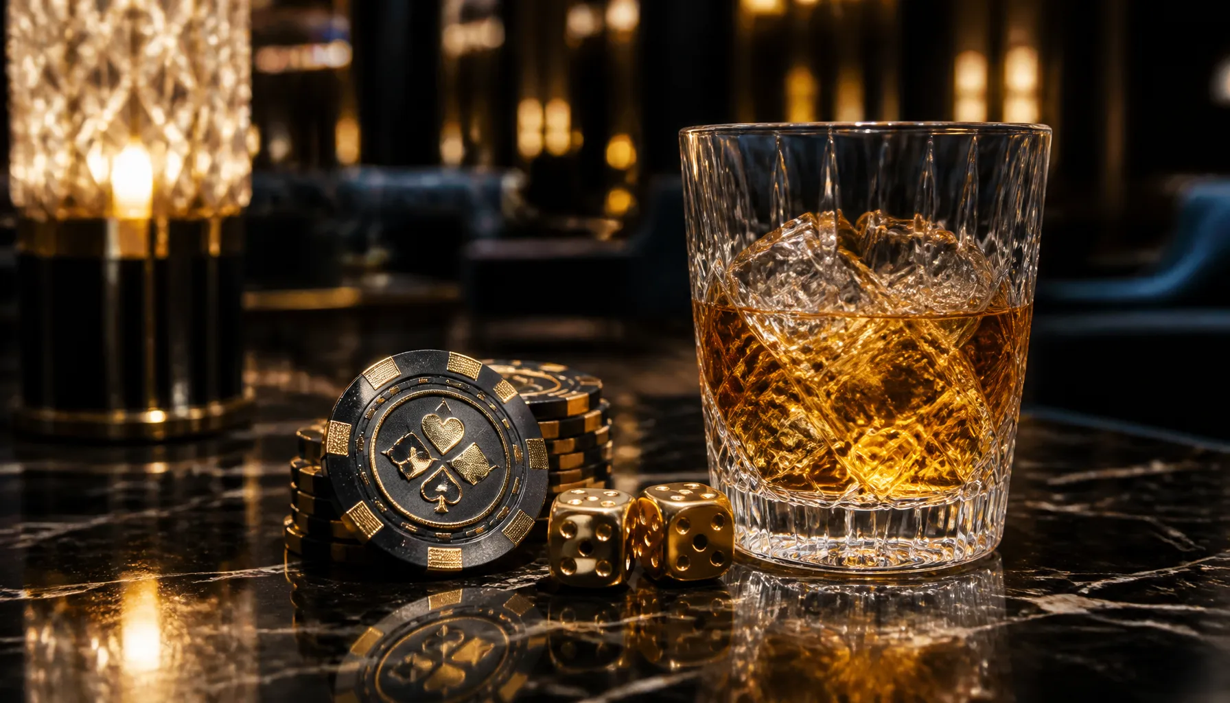 Close-up of gleaming gold casino chips stacked on deep green velvet with dramatic cinematic lighting