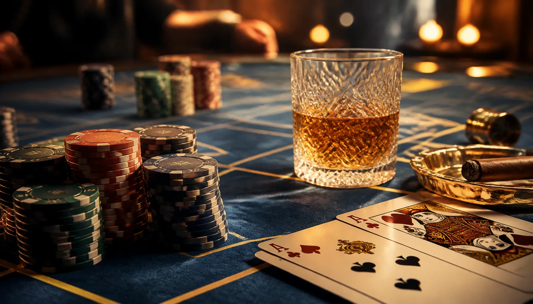 Close-up of gleaming gold casino chips stacked on deep green velvet with dramatic cinematic lighting