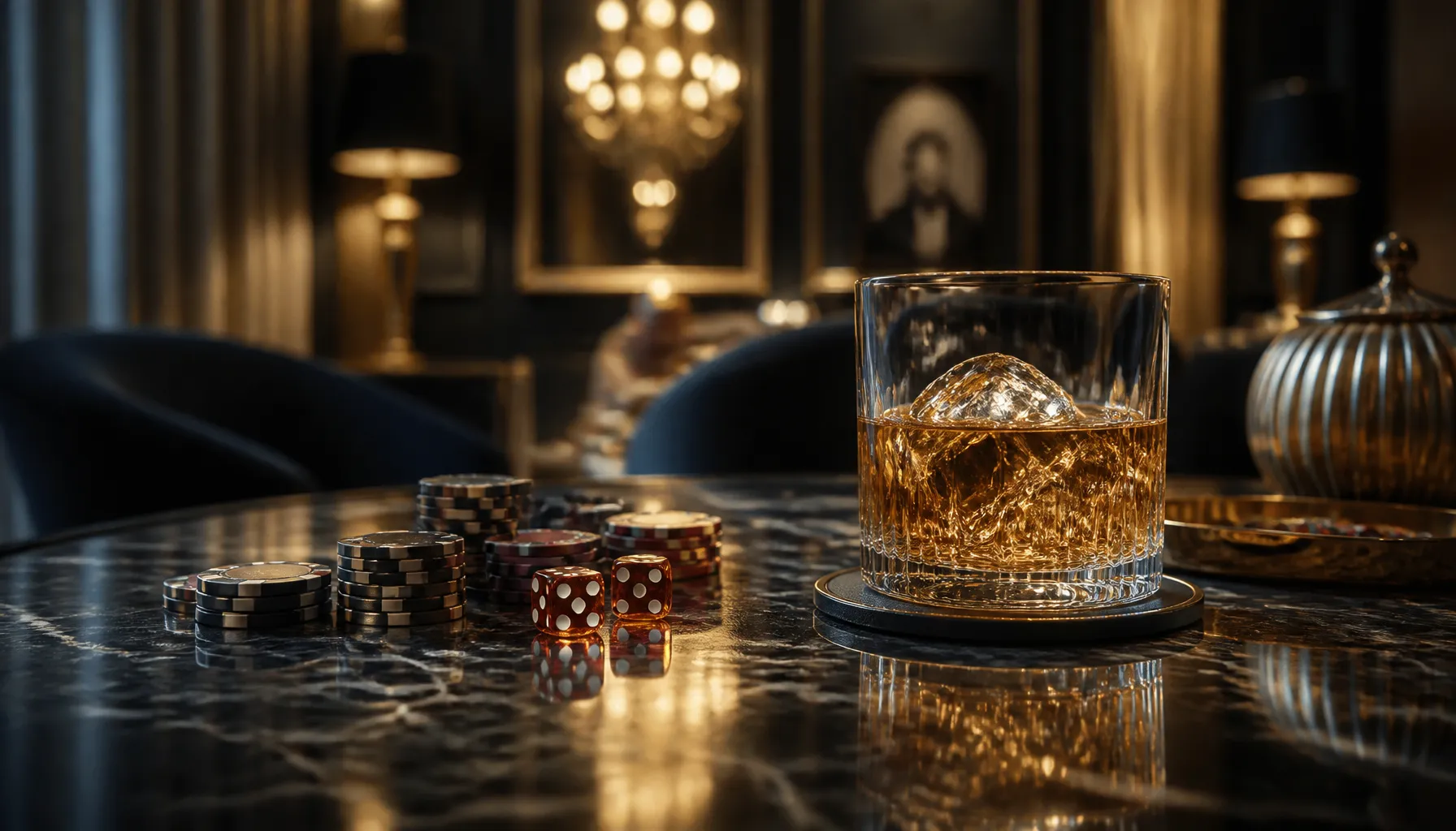Close-up of gleaming gold casino chips stacked on deep green velvet with dramatic cinematic lighting