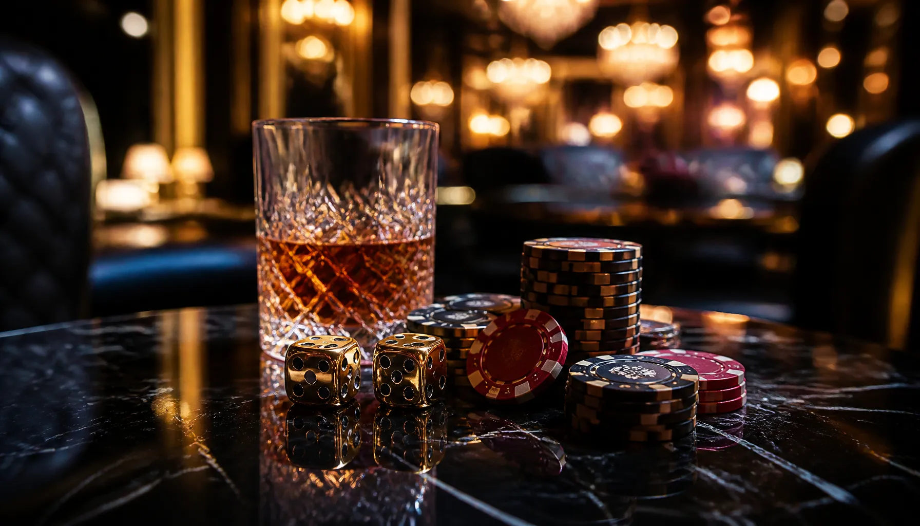 Close-up of gleaming gold casino chips stacked on deep green velvet with dramatic cinematic lighting